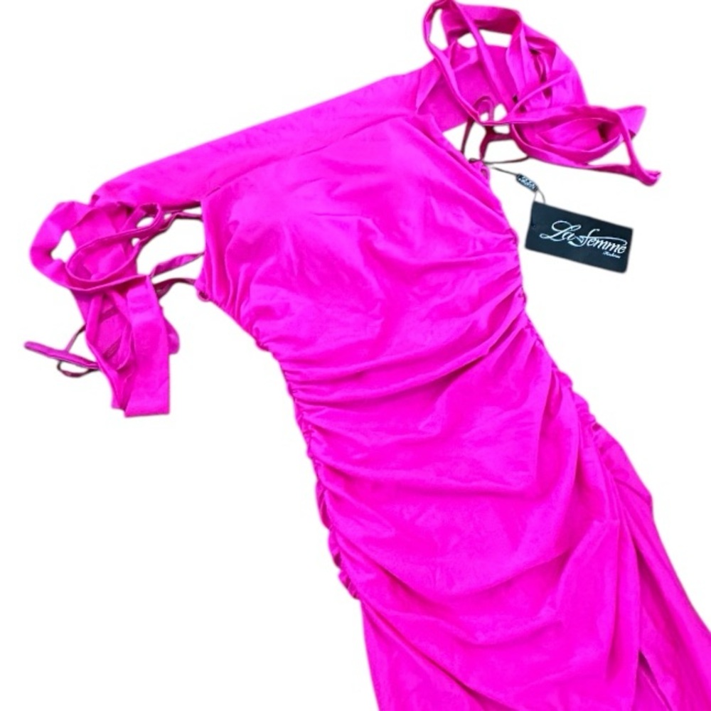 La Femme 28506 Pink Off the Shoulder Dress with Tie Back and Slit Size 6 NWT - Picture 8 of 11